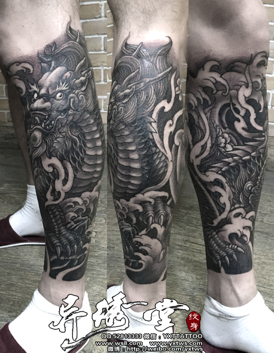 黑白麒麟包小腿纹身